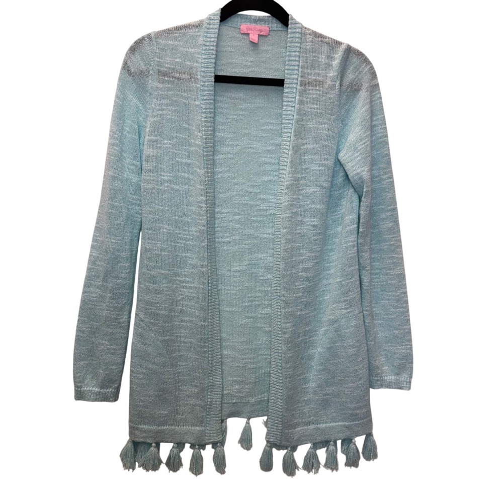 Lilly Pulitzer Aqua Blue Tassel Open Front Knit Cardigan Sweater Women's Size S